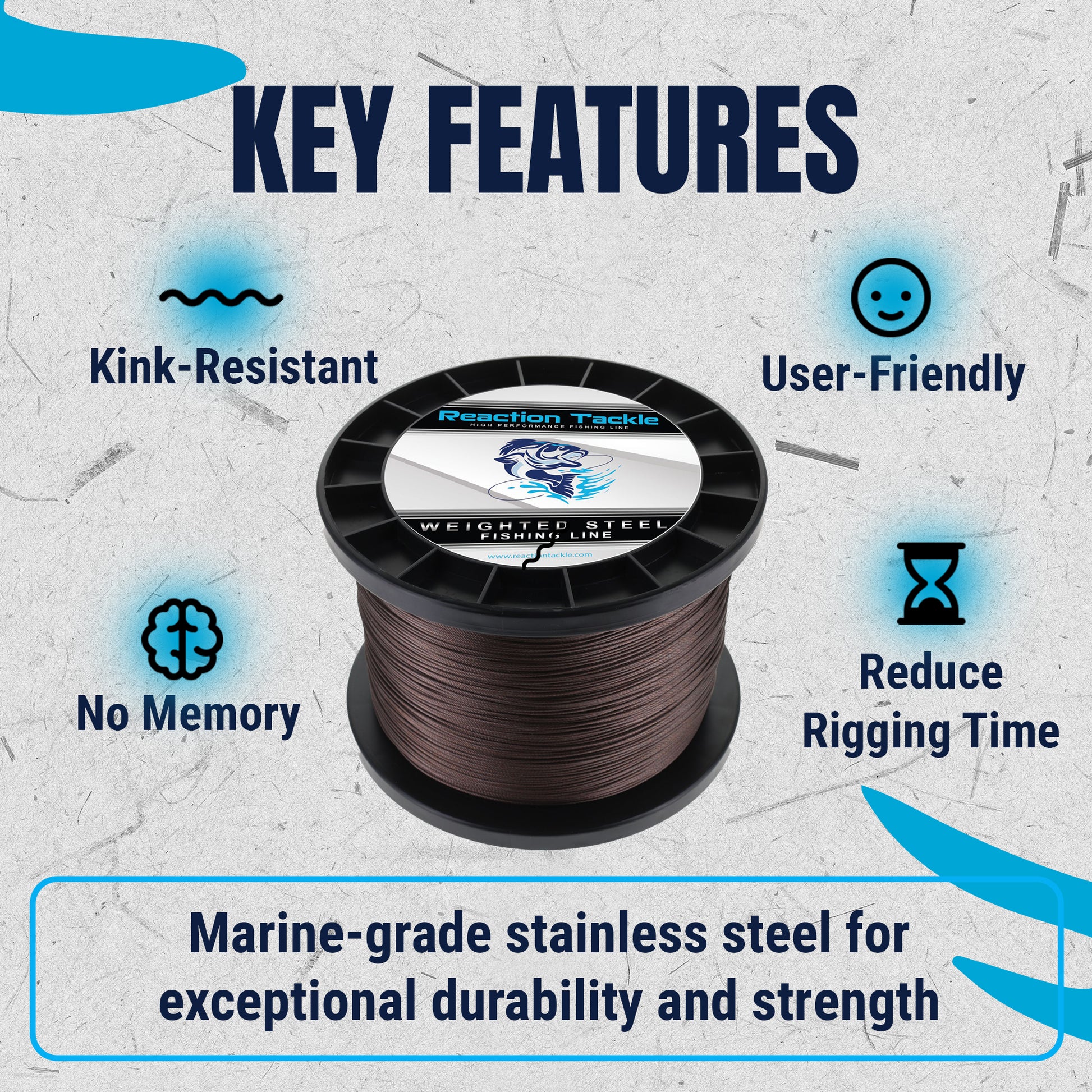 Reaction Tackle Weighted Stainless Steel Trolling Line 45LB- Premium Weighted Fishing Wire - New - Reaction Tackle
