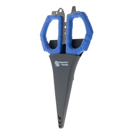 Reaction Tackle 6.5 inch fishing scissors - serrated stainless steel blades close-up