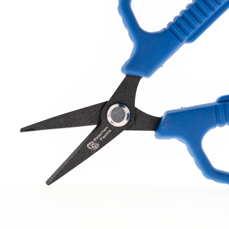 Reaction Tackle 4.5 inch scissors - micro-serrated stainless steel blades close-up