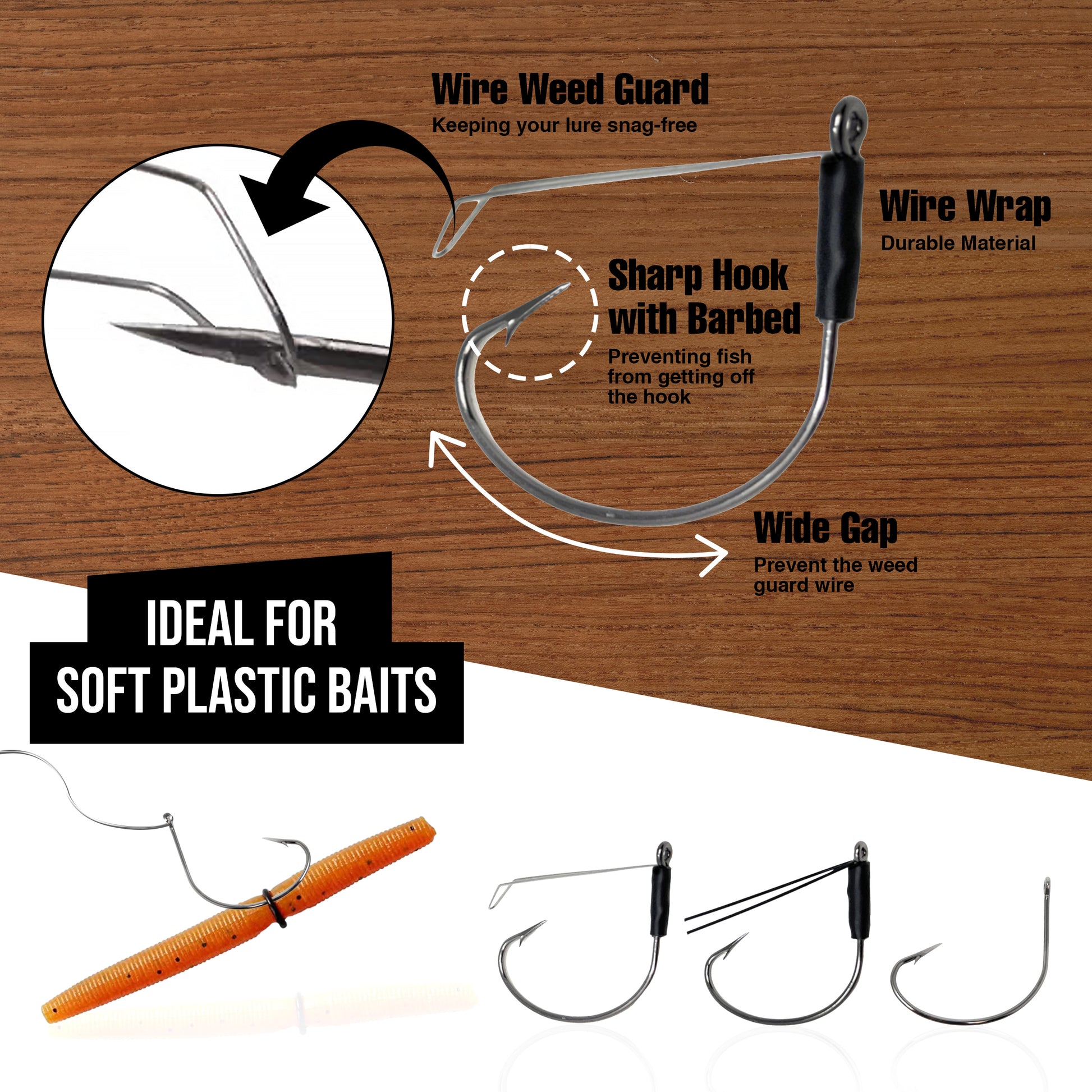Weedless Wacky Worm Hooks,Wacky Worm Hooks Carbon Steel Fishing 20 pcs Wacky  Rig Fishing Hooks with Weed Guard Stainless Steel Wide Gap Hooks for Bass  Soft Worm Baits Size 2/0 : 